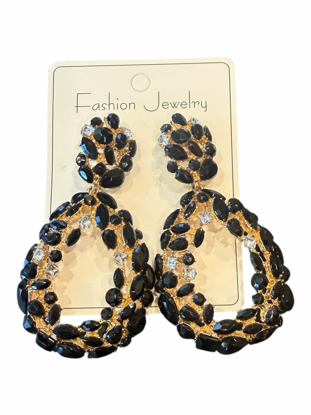 Black Crystal Rhinestone Chandelier Statement Drop Earrings Gold Tone Hoop New